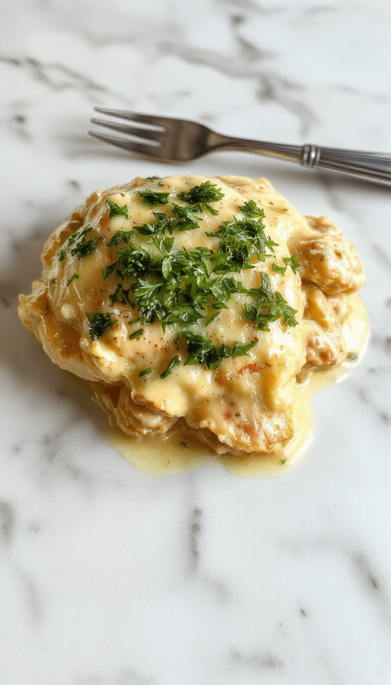 A delectable serving of baked chicken stroganoff on a white plate, featuring tender shredded chicken in a rich creamy mushroom sauce, topped with herbs, accompanied by a side of al dente pasta and garnished with chopped parsley. The dish has a glossy, velvety texture, with a golden-brown baked top, styled with rustic wooden background and soft lighting highlighting the creamy sauce.