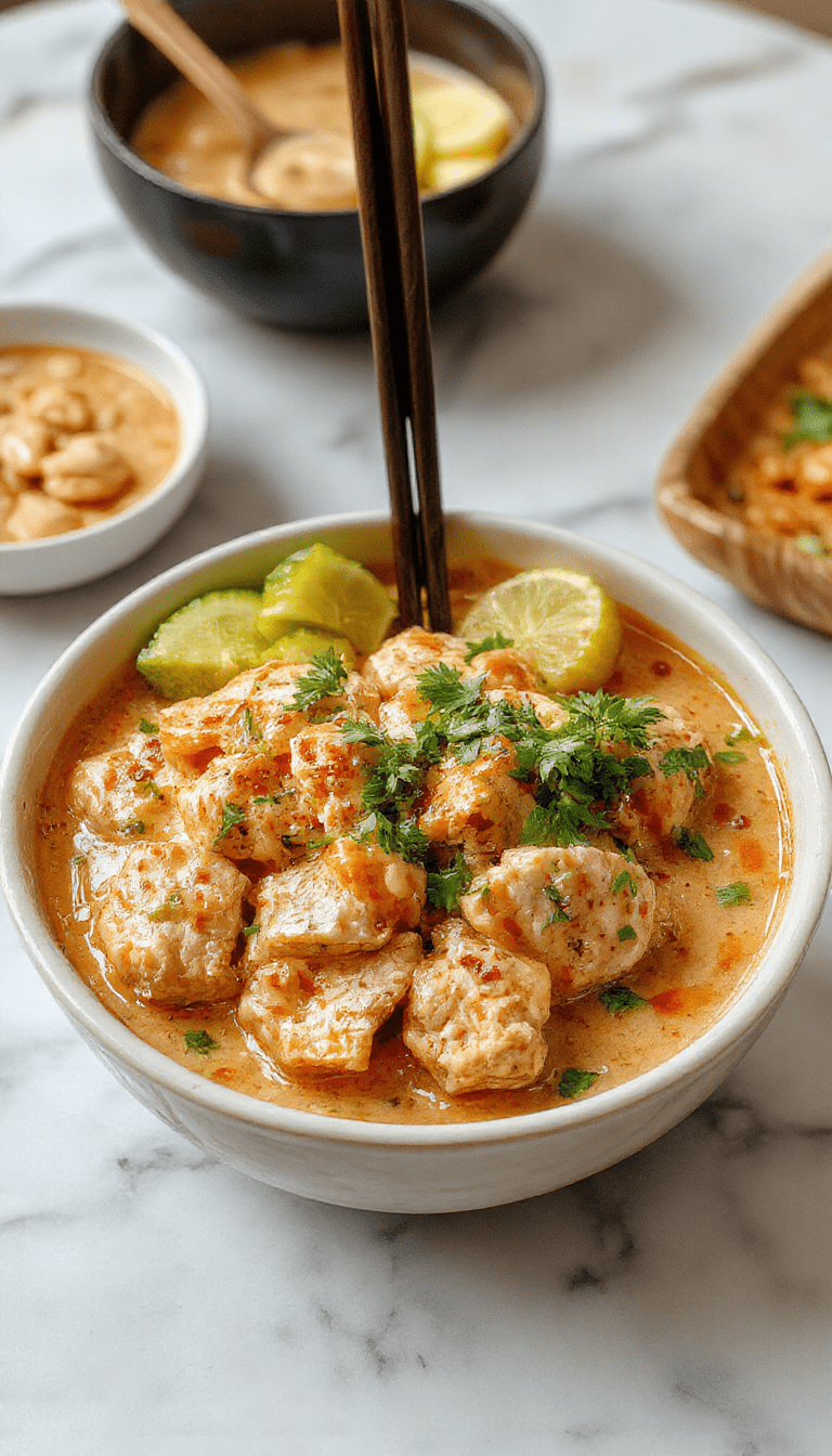A vibrant chicken bowl featuring crispy breaded chicken pieces drizzled with spicy peanut sauce, topped with sliced green onions and sesame seeds, served in a white ceramic bowl on a rustic wooden table with colorful vegetables around.
