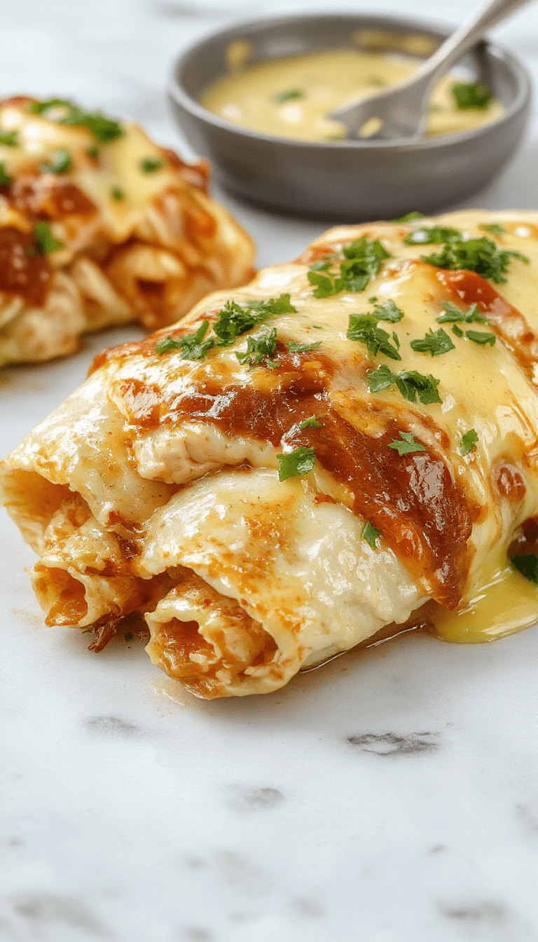 A close-up image of golden baked chicken and chile enchiladas arranged on a white plate, topped with melted Kraft Natural Cheese, garnished with fresh cilantro, vibrant red and green chilies, and served with a side of fresh salsa and sour cream. The textures of gooey cheese, tender chicken, and crispy tortilla edges are vividly displayed with colorful ingredients and appealing steam.