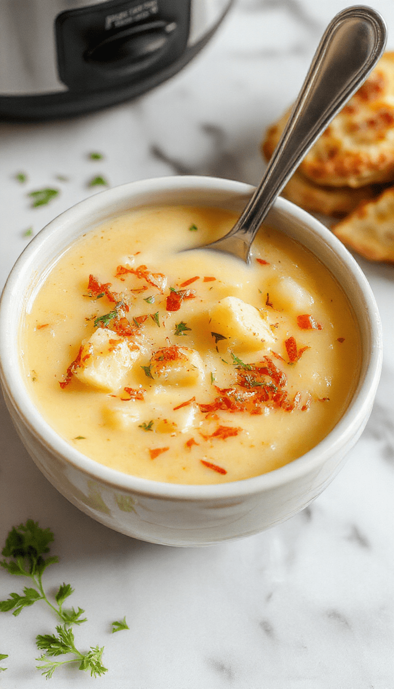 A steaming bowl of creamy potato soup topped with shredded cheese, chopped chives, and crispy bacon bits, served in a rustic white bowl on a wooden table with a spoon, vibrant yellow and golden hues highlighting the rich, cheesy, and comforting textures.