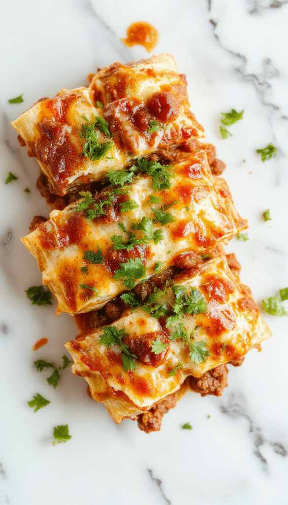 A vibrant plate of cheesy ground beef enchiladas drizzled with sauce, topped with melted cheese and fresh cilantro, served alongside colorful sides, styled on a rustic wooden table with a napkin and utensils.