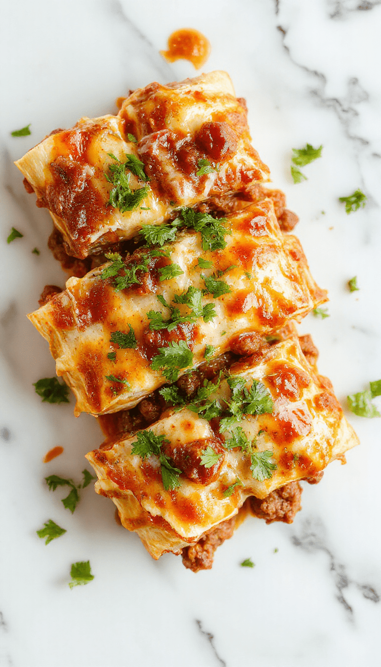 A vibrant plate of cheesy ground beef enchiladas drizzled with sauce, topped with melted cheese and fresh cilantro, served alongside colorful sides, styled on a rustic wooden table with a napkin and utensils.