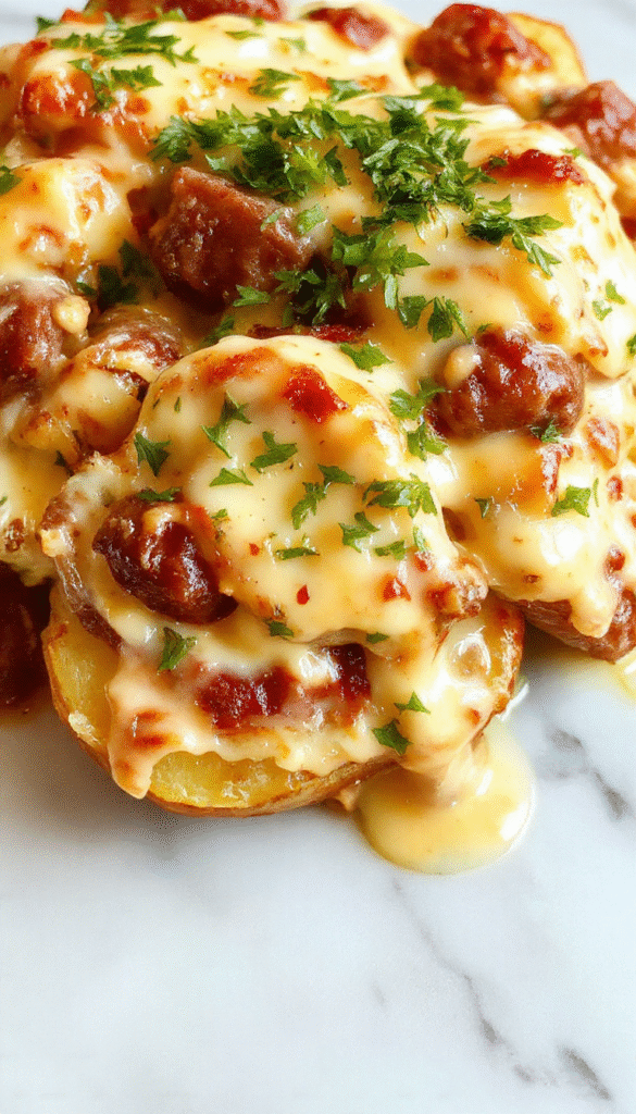 A close-up shot of a savory dish featuring golden roasted potatoes smothered in a creamy ranch cheese sauce, topped with slices of smoked sausage, garnished with fresh herbs, served in a rustic white bowl on a wooden table
