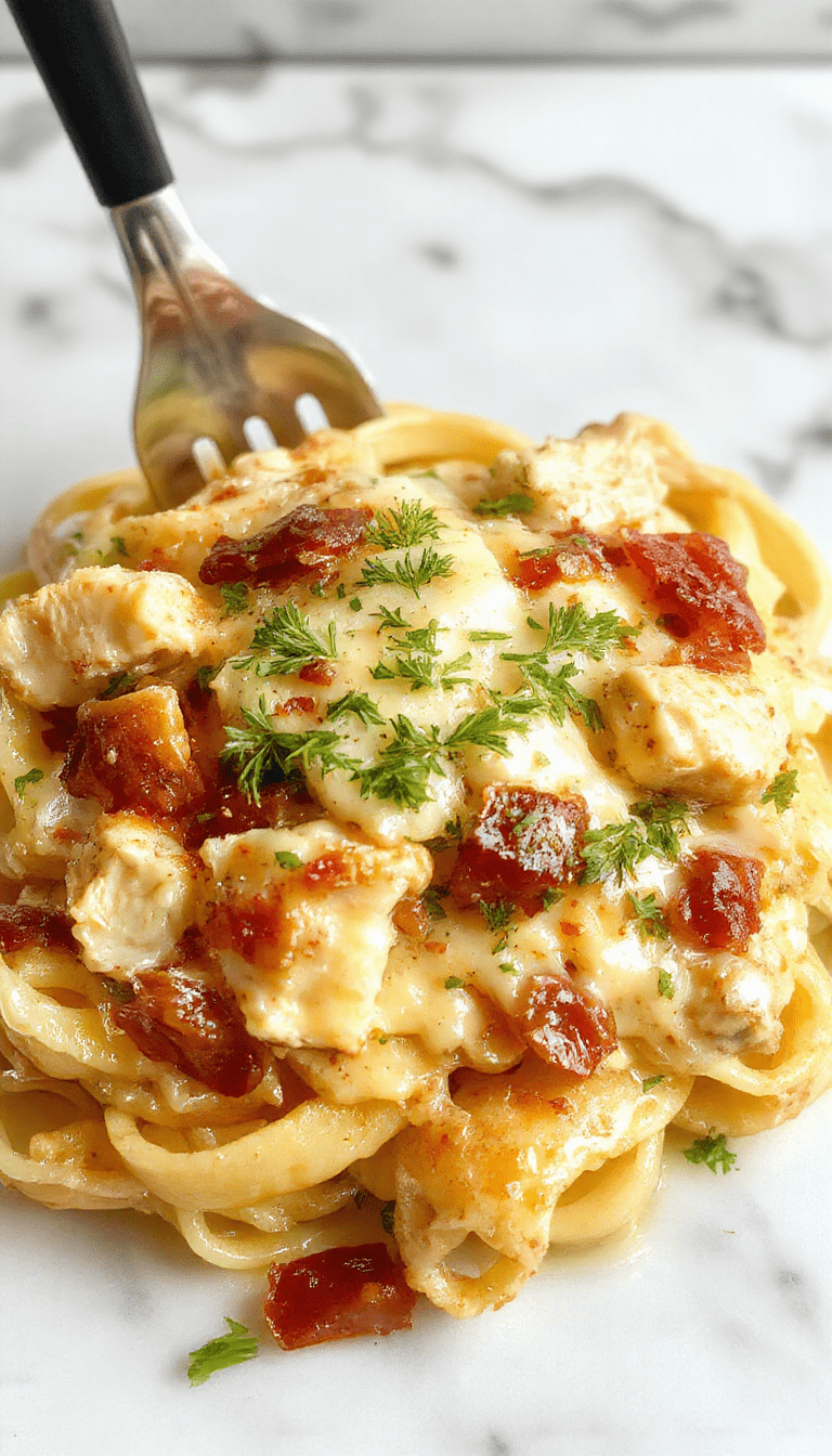 A vibrant plate of creamy chicken bacon ranch pasta featuring tender pasta covered in a rich, creamy sauce with crispy bacon, sliced grilled chicken, and a sprinkle of fresh herbs on top, plated elegantly on a dark surface with a rustic fork and garnished with green onions.