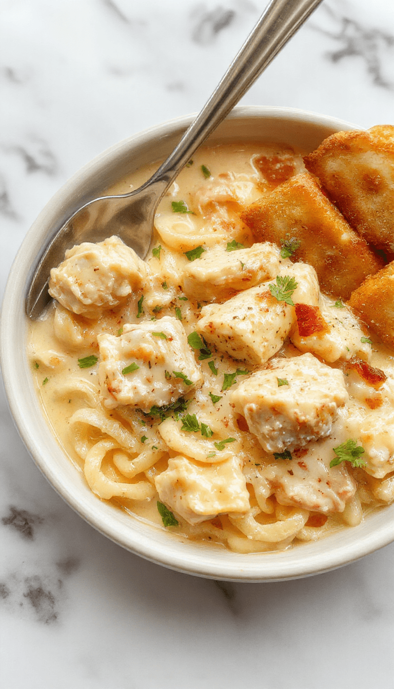 A bowl of steaming creamy chicken buttered noodles garnished with fresh herbs, golden-brown butter coating the soft noodles and tender chunks of chicken, with a vibrant green parsley topping, set on a rustic wooden table with a cozy, inviting background.