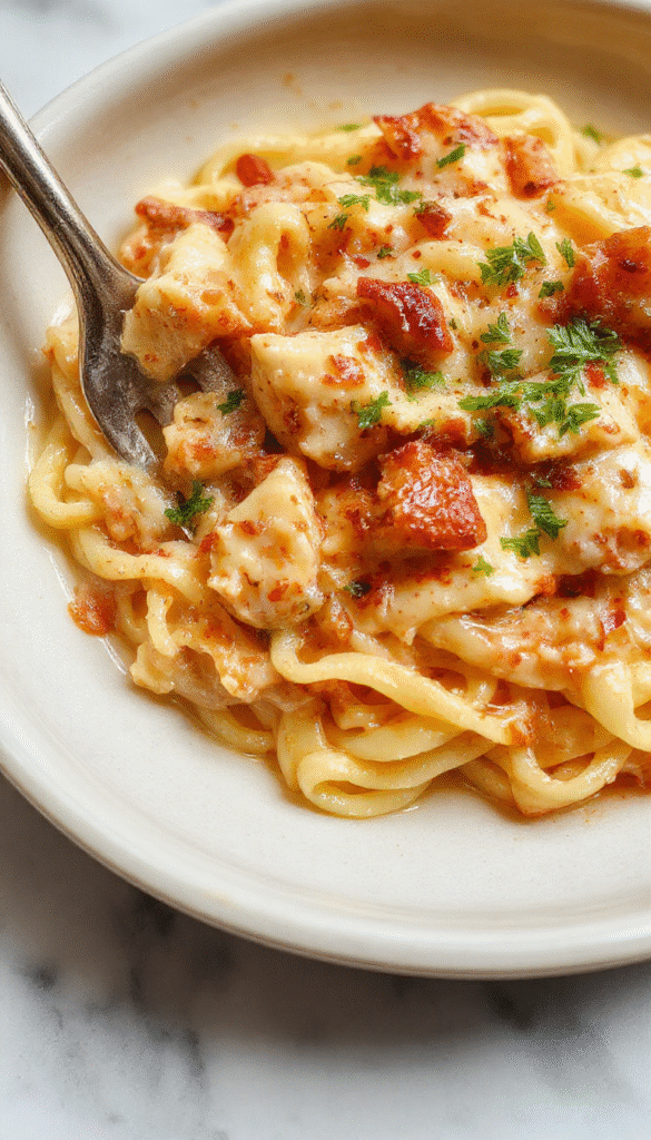 A vibrant plate of creamy chicken buttered noodles topped with freshly chopped parsley. The noodles are coated in a glossy, rich butter sauce with tender chicken pieces interspersed, presented on a rustic wooden table with a fork twirling the noodles, capturing a warm, inviting, and homely feel.