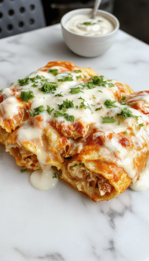 Colorful plate of Chicken Enchiladas topped with golden melted cheese, drizzled with creamy white sour cream sauce, garnished with chopped cilantro and sliced jalapenos, styled on a rustic wooden table with vibrant red and green peppers in the background