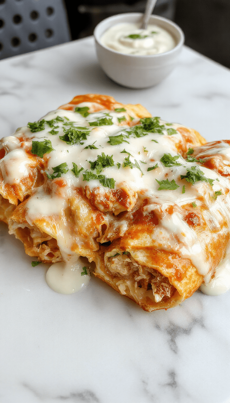 Colorful plate of Chicken Enchiladas topped with golden melted cheese, drizzled with creamy white sour cream sauce, garnished with chopped cilantro and sliced jalapenos, styled on a rustic wooden table with vibrant red and green peppers in the background