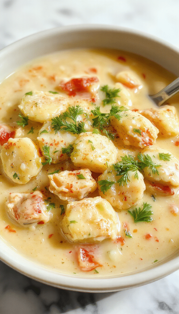A warm bowl of creamy chicken gnocchi soup garnished with fresh parsley on a rustic wooden table, with visible soft gnocchi, tender chicken pieces, and vibrant greens, highlighting rich textures and inviting comfort.