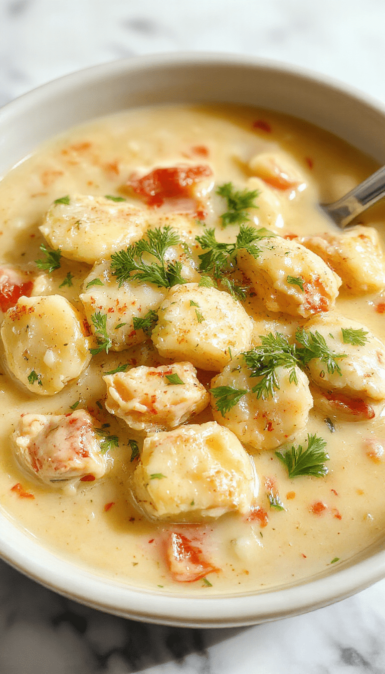 A warm bowl of creamy chicken gnocchi soup garnished with fresh parsley on a rustic wooden table, with visible soft gnocchi, tender chicken pieces, and vibrant greens, highlighting rich textures and inviting comfort.