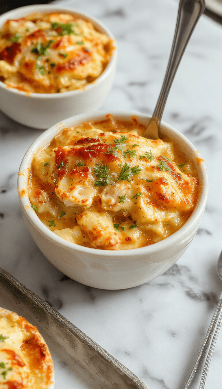 A vibrant plate of chicken pot pie pasta featuring tender pasta coated in creamy sauce, topped with golden-brown crust pieces, garnished with chopped herbs, served in a rustic white bowl on a wooden surface.