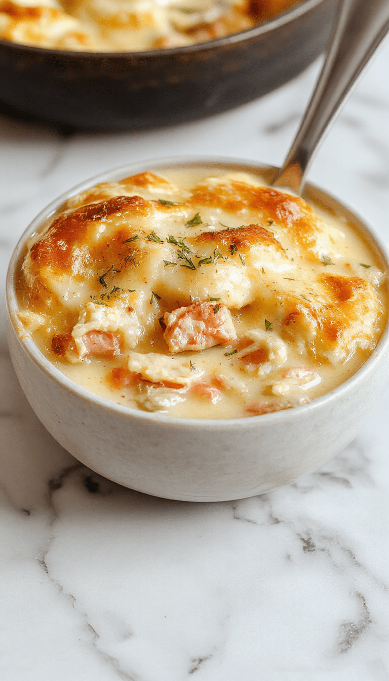 A warm bowl of creamy chicken pot pie soup garnished with fresh herbs and a flaky crust crumble, served in a rustic white bowl with steam rising, surrounded by carrots, celery, and shredded chicken on a wooden table, with a background of cozy autumn tones.
