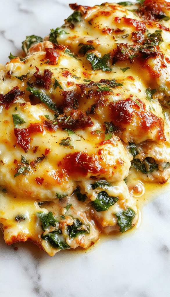 A close-up of a golden-brown baked casserole in a white dish, topped with melted cream cheese and fresh spinach leaves, garnished with herbs, accompanied by a wooden spoon, vibrant green spinach contrasting with the creamy texture and bubbly cheese topping