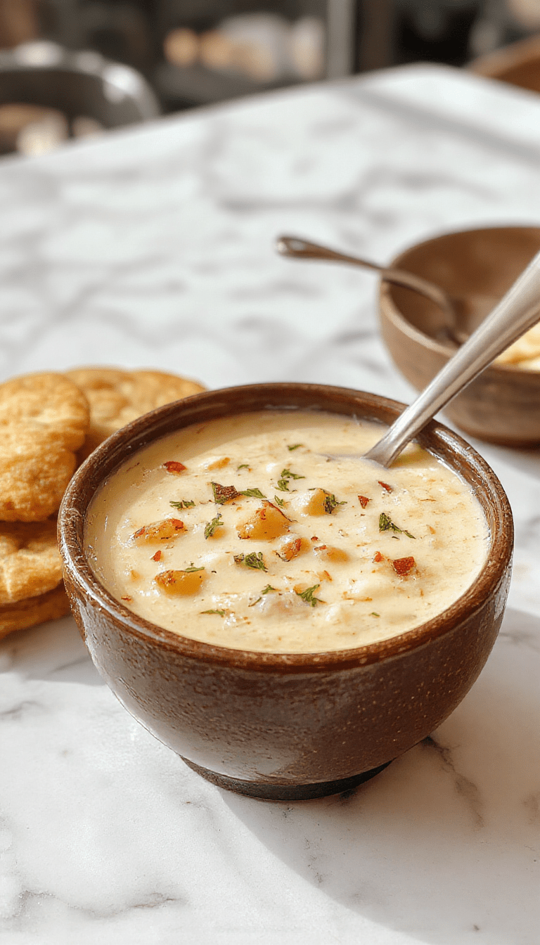 A vibrant bowl of creamy cowboy soup garnished with chopped herbs, showcasing chunks of beef, beans, and corn with a rich, velvety texture, placed on a rustic wooden table with a spoon and bread slices beside it.