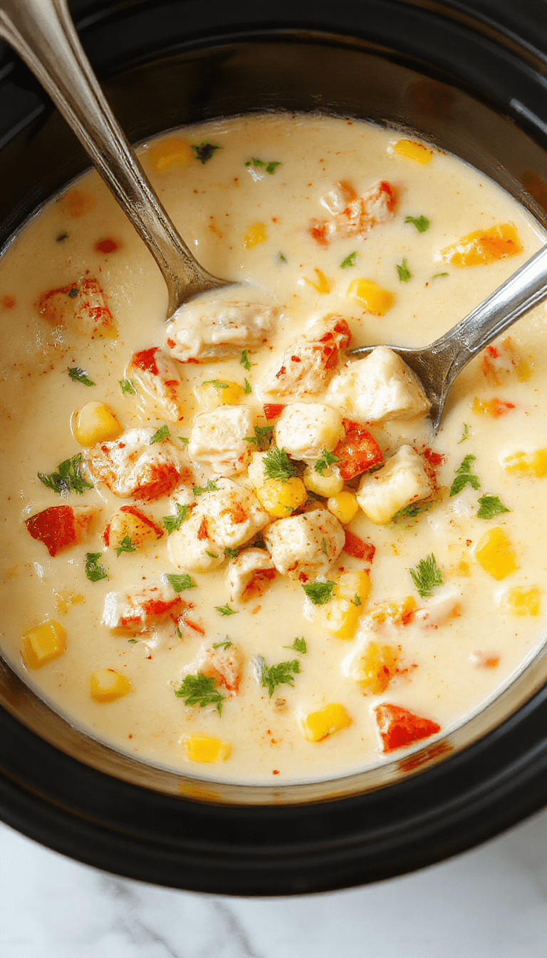 A warm bowl of creamy chicken corn chowder garnished with chopped green onions and crispy bacon bits, served on a rustic wooden table with a spoon next to it, vibrant yellow corn kernels contrasting with tender shredded chicken and rich creamy broth, styled with fresh herbs and a colorful cloth napkin for an inviting, home-cooked look