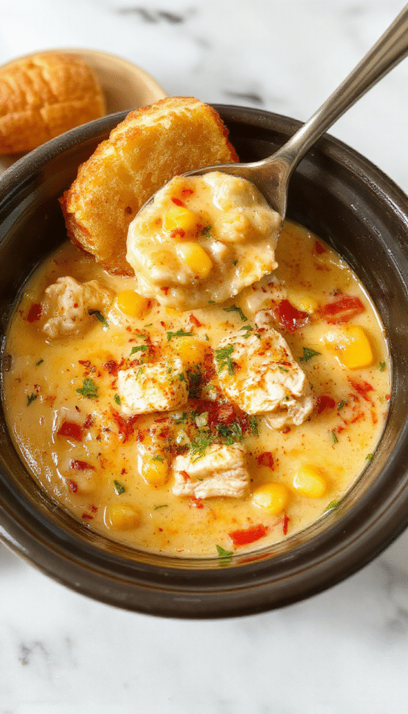 A warm bowl of creamy chicken corn chowder garnished with chopped green onions and crispy bacon bits, set on a rustic wooden table with a spoon and a side of crusty bread, vibrant yellow corn kernels and tender chicken chunks visible in the rich, velvety soup, styled with fresh herbs and a cozy, inviting atmosphere