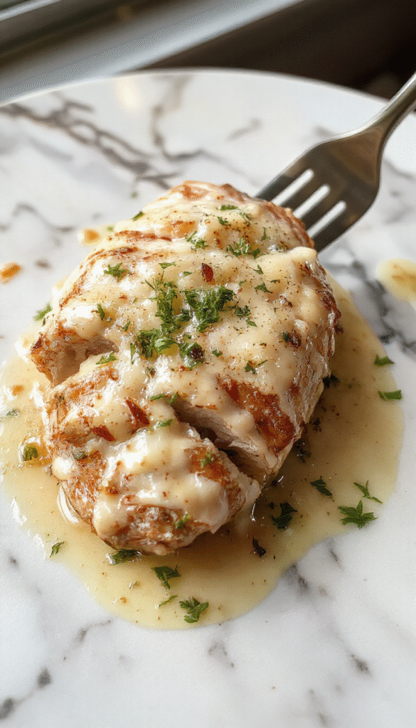 A close-up of juicy chicken breasts coated in a rich, creamy garlic parmesan sauce, garnished with chopped parsley and grated Parmesan, served on a white plate with a sprig of herbs against a rustic wooden background emphasizing the glossy sauce texture and vibrant green accents.