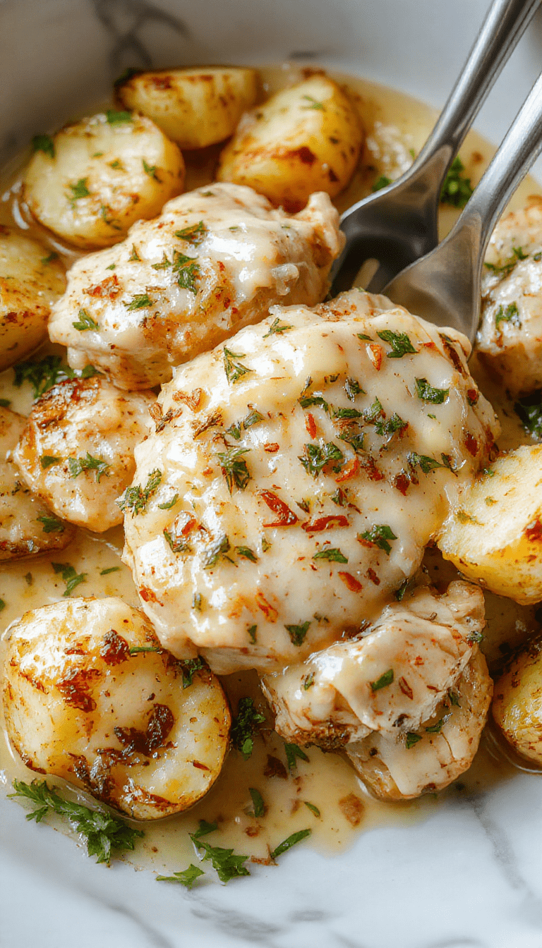 A close-up of a hearty casserole dish featuring shredded chicken coated in creamy garlic parmesan sauce, golden brown roasted potatoes, garnished with fresh parsley for a colorful and inviting presentation