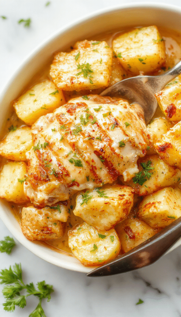 A vibrant plate of tender Crockpot Chicken and Potatoes garnished with fresh parsley. The close-up shows golden-brown chicken breasts smothered in creamy garlic Parmesan sauce, surrounded by perfectly cooked, crispy roasted potatoes with herbs. The dish is styled elegantly on a rustic wooden table with a sprinkle of Parmesan and a lemon wedge, highlighting textures and flavors.