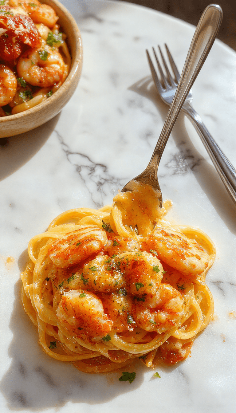 A close-up shot of a white plate featuring creamy garlic shrimp pasta with tender shrimp coated in a rich, buttery sauce, garnished with fresh parsley and a sprinkle of grated cheese, with a backdrop of rustic wooden table and soft lighting highlighting the textures and vibrant colors of the dish.