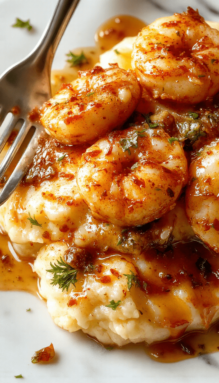A close-up shot showcasing succulent pink shrimp coated in a creamy garlic sauce, served atop smooth, buttery mashed potatoes. The dish is garnished with fresh chopped parsley and a sprinkle of black pepper, with a rustic white plate on a wooden table, bright natural lighting highlighting the textures and vibrant colors of the ingredients.
