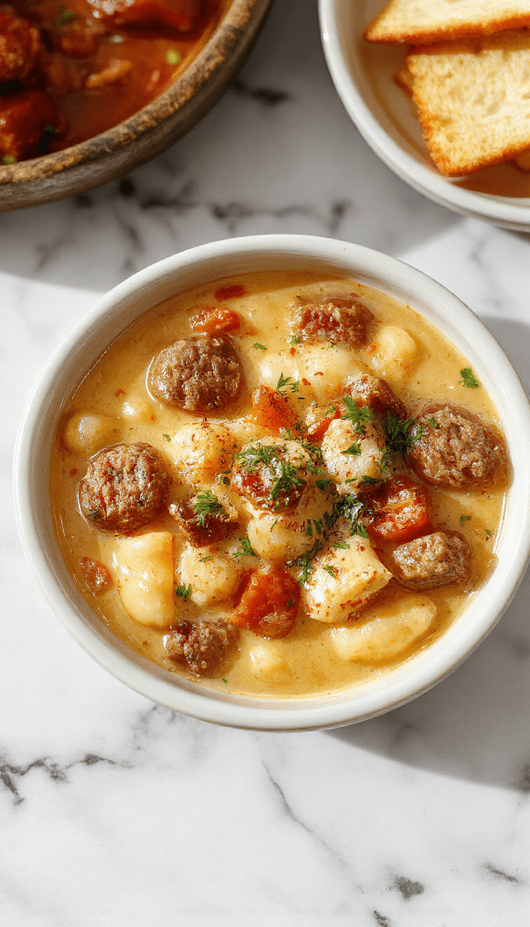 A vibrant bowl of Creamy Italian Sausage Gnocchi Soup featuring golden brown sausage crumbles, plump gnocchi floating in a rich creamy broth, garnished with fresh parsley and grated Parmesan cheese, with a rustic spoon resting on the side and a cozy kitchen background.