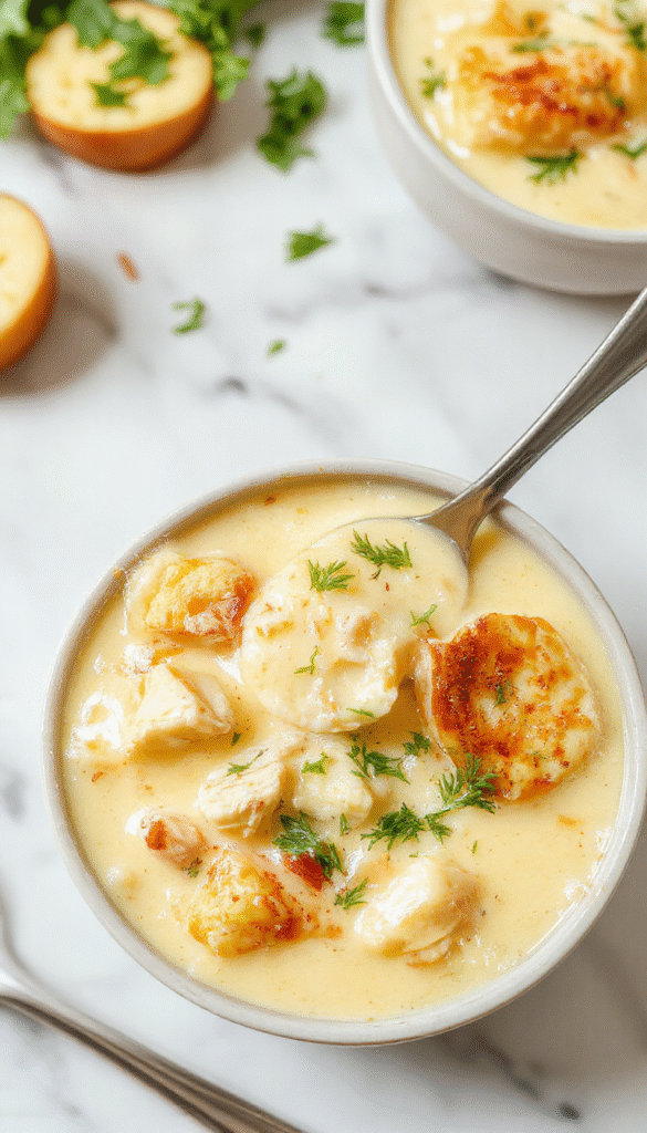 A warm bowl of Keto Chicken Pot Pie Soup featuring creamy broth with shredded chicken, peas, carrots, and herbs, topped with crispy crumbles and a sprig of parsley, served on a rustic wooden table with a side of keto bread.