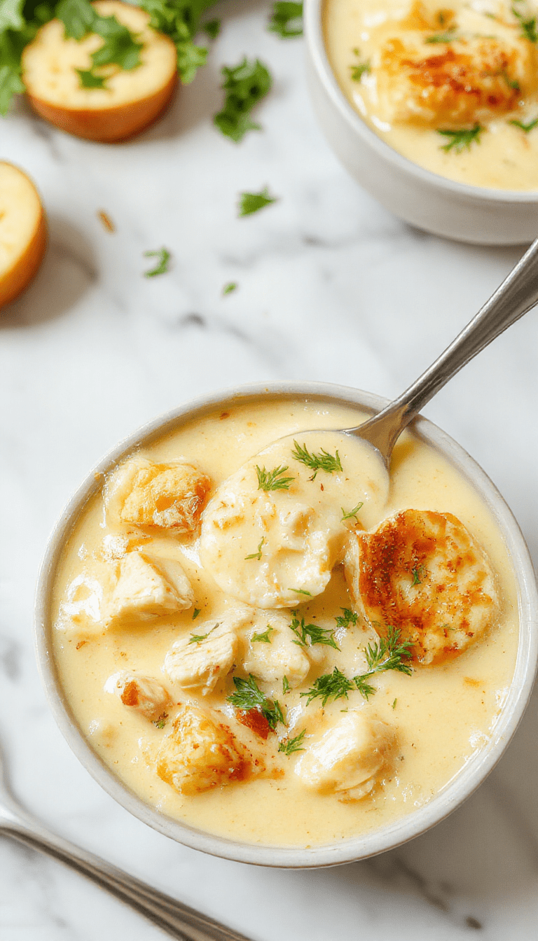 A warm bowl of Keto Chicken Pot Pie Soup featuring creamy broth with shredded chicken, peas, carrots, and herbs, topped with crispy crumbles and a sprig of parsley, served on a rustic wooden table with a side of keto bread.
