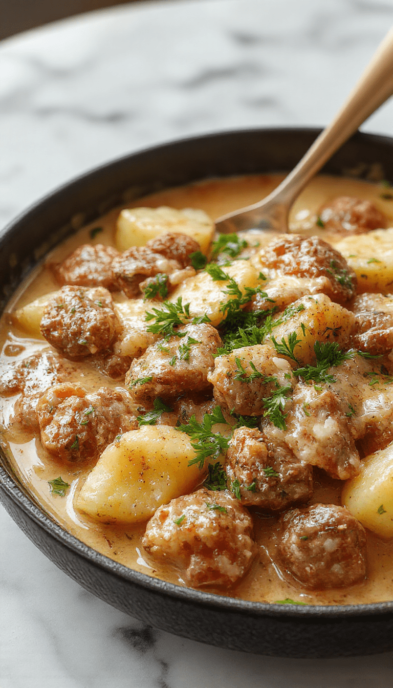Colorful meat and potato skillet with golden-brown potatoes and tender slices of beef drizzled with creamy sauce, served on a rustic plate garnished with parsley, showcasing warm, inviting textures and rich flavors.