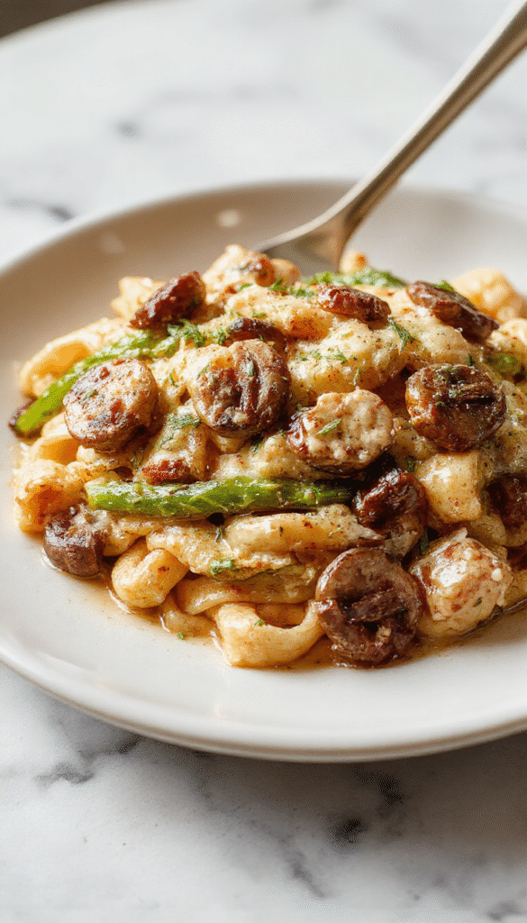 A vibrant plate of creamy mushroom asparagus chicken penne showcasing tender pasta coated in a rich, creamy sauce with slices of chicken, sautéed mushrooms, and bright green asparagus tips, garnished with chopped herbs on a rustic wooden table