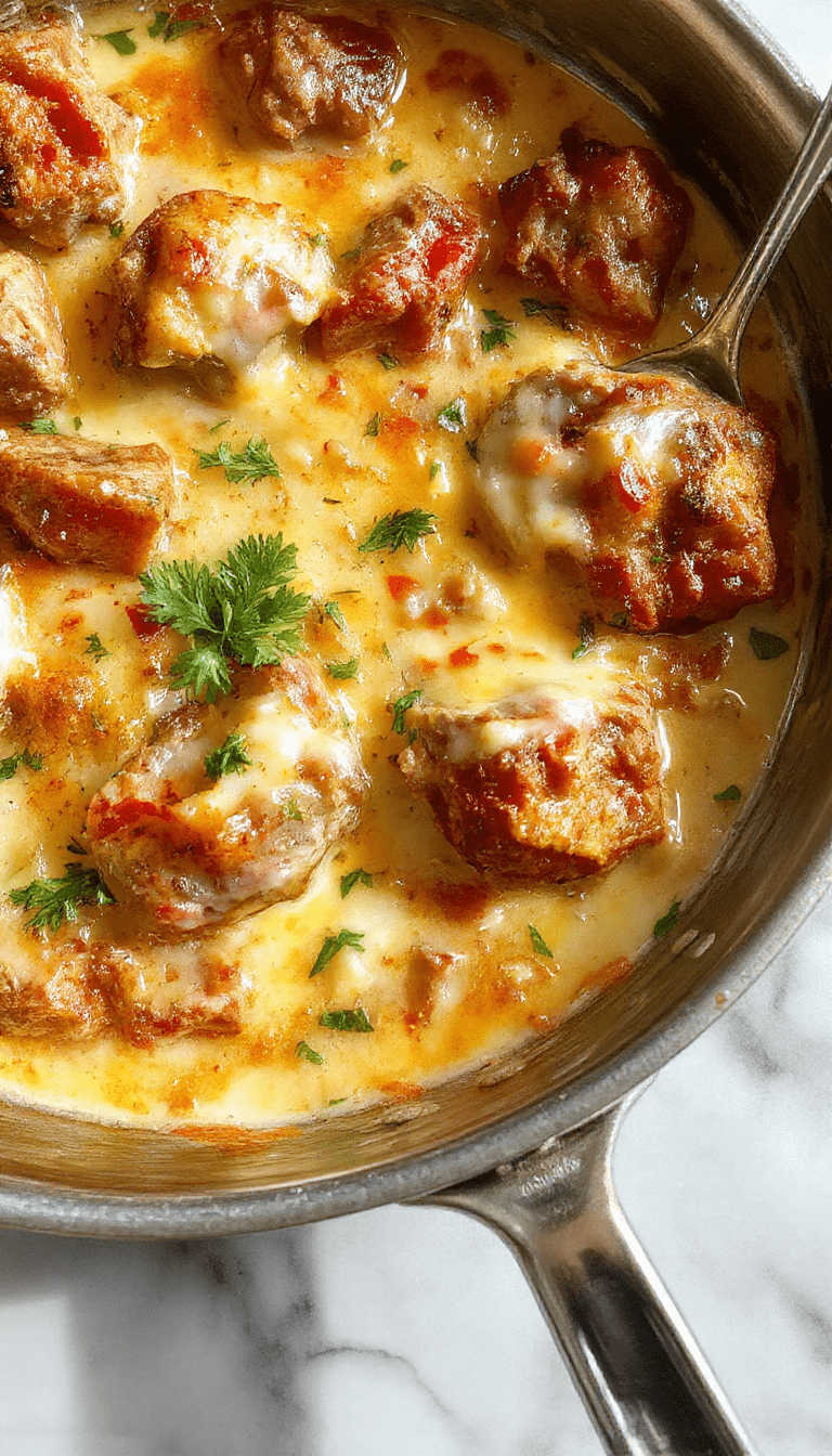 A colorful cooked meat and potato skillet served in a rustic pan with creamy sauce, garnished with fresh herbs, vibrant potatoes and tender meat, with a textured surface and steam rising indicating freshness and warmth