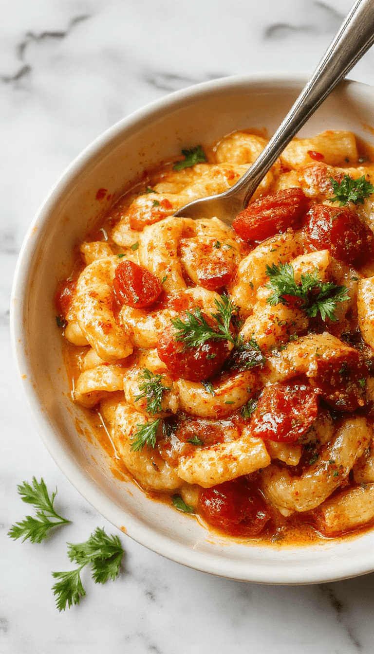 A vibrant bowl of creamy tomato pasta garnished with fresh basil, topped with grated cheese, served in a rustic white dish on a wooden table, with a spoon resting beside it. The creamy sauce coats the al dente pasta, with bright red tomato chunks and green herbs adding color and texture, creating an appetizing and inviting presentation.