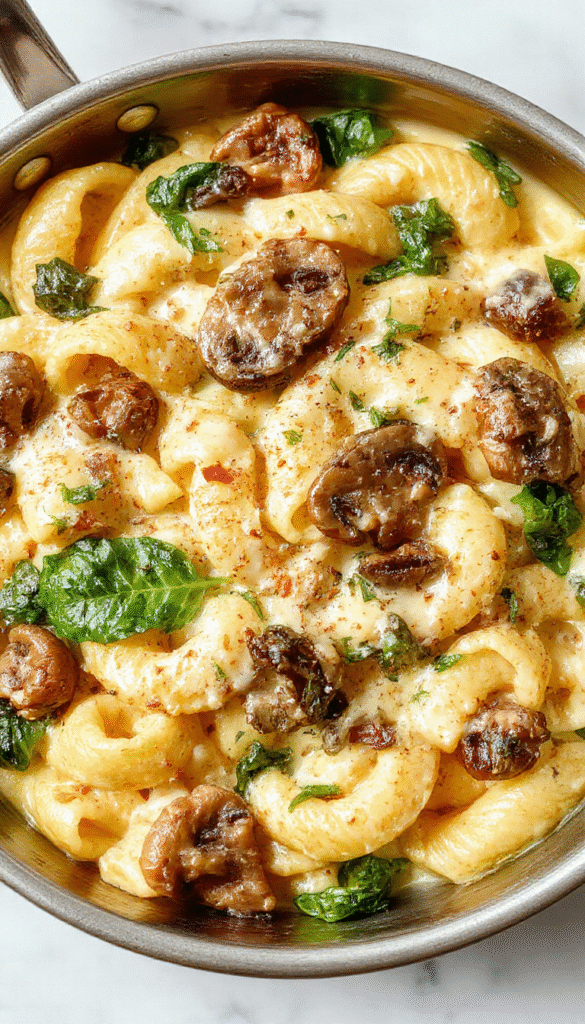 A vibrant skillet dish featuring al dente pasta topped with melted Parmesan cheese, fresh spinach, sautéed mushrooms, and a creamy sauce. The dish is beautifully plated with herbs garnishing the top, showcasing a colorful blend of greens, browns, and creamy whites against a rustic wooden background.