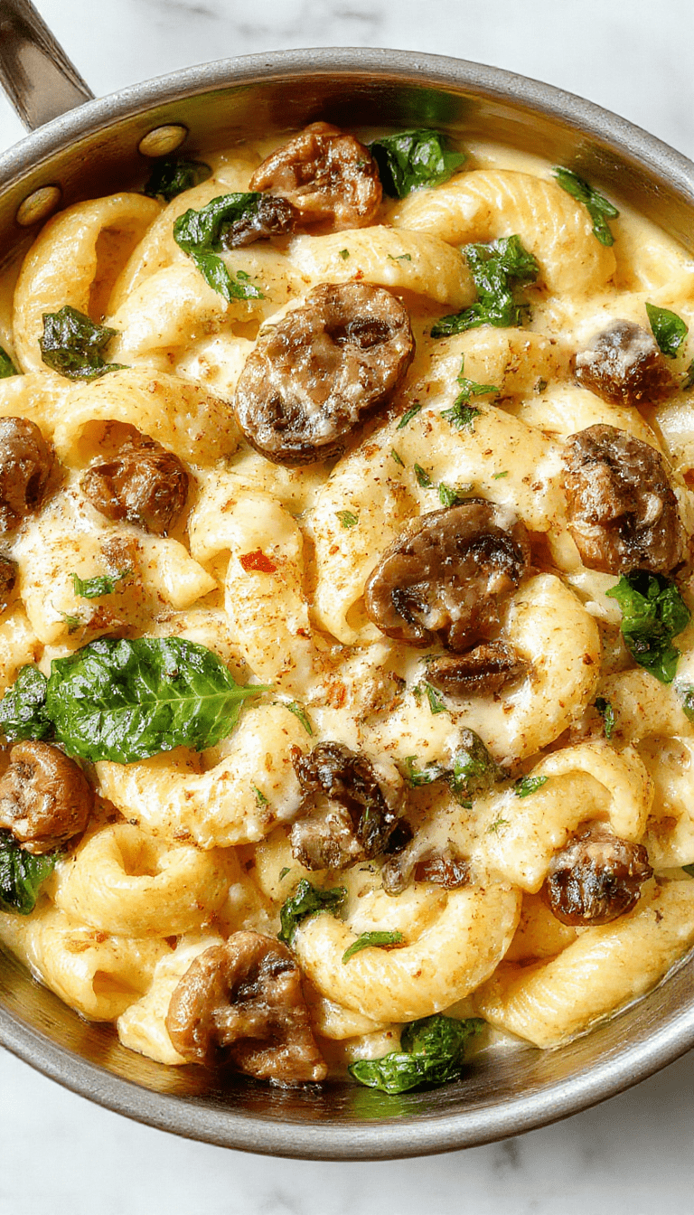 A vibrant skillet dish featuring al dente pasta topped with melted Parmesan cheese, fresh spinach, sautéed mushrooms, and a creamy sauce. The dish is beautifully plated with herbs garnishing the top, showcasing a colorful blend of greens, browns, and creamy whites against a rustic wooden background.