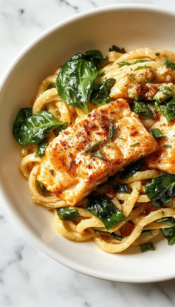 A vibrant plate of creamy salmon spinach pasta featuring flaky salmon pieces intertwined with fresh spinach leaves topped with a sprinkle of Parmesan cheese, served on a white dinner plate with a background of rustic wooden table and natural lighting.