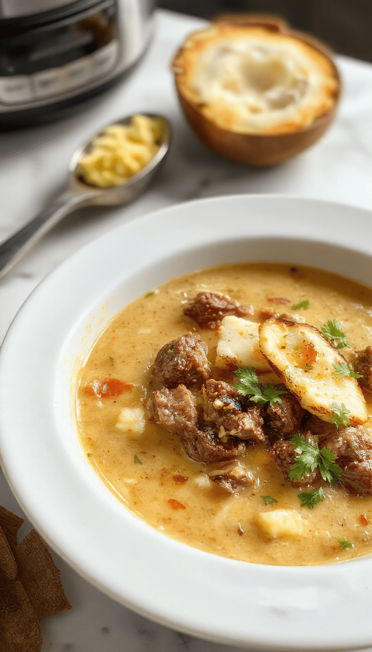 A vibrant bowl of beef coconut curry showcasing tender beef chunks coated in a rich, creamy coconut sauce with bright red peppers and green herbs, served on a rustic white plate garnished with fresh cilantro and accompanied by a side of jasmine rice, creating an appetizing and colorful presentation.