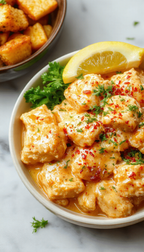 A vibrant image of tender, creamy butter chicken served in a white bowl, garnished with fresh cilantro. The dish has a rich orange-yellow sauce with a glossy, smooth texture, accompanied by fluffy white rice on a rustic wooden table, styled with a sprig of cilantro and a drizzle of sauce for an inviting presentation.