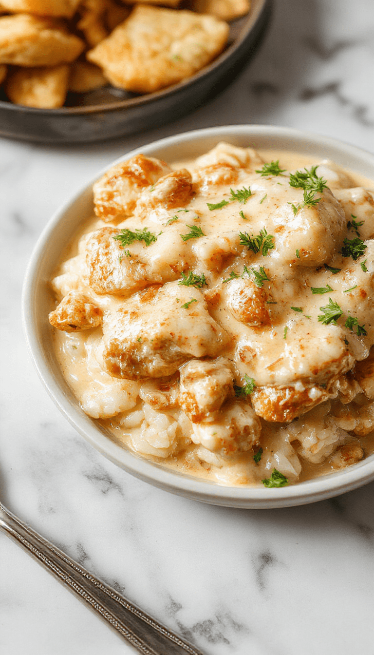 A close-up shot of a creamy chicken and rice dish served on a rustic white plate. The chicken is coated in a thick, velvety sauce with hints of herbs, paired with fluffy rice. The dish is garnished with fresh parsley and a sprinkle of black pepper, with a backdrop of a wooden table and soft natural lighting highlighting the glossy sauce and tender textures.