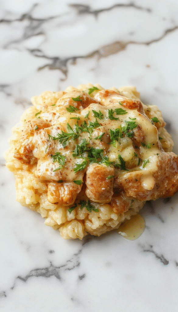 A vibrant plate featuring perfectly cooked chicken smothered in a rich creamy sauce atop fluffy rice, garnished with fresh herbs and a sprinkle of black pepper, all styled on a rustic wooden table with a serving spoon and side of colorful vegetables.