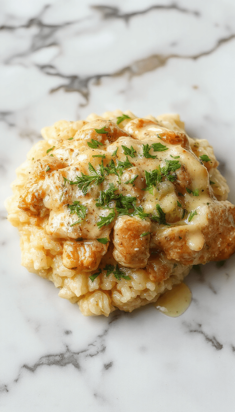 A vibrant plate featuring perfectly cooked chicken smothered in a rich creamy sauce atop fluffy rice, garnished with fresh herbs and a sprinkle of black pepper, all styled on a rustic wooden table with a serving spoon and side of colorful vegetables.