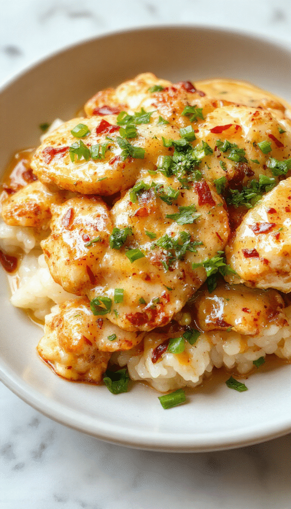 A vibrant plate of creamy smothered chicken and rice featuring tender chicken breasts coated in a rich, velvety sauce, served over fluffy rice with fresh herbs and a sprinkle of herbs, styled on a rustic wooden table with a creamy sauce drizzle and colorful side vegetables.