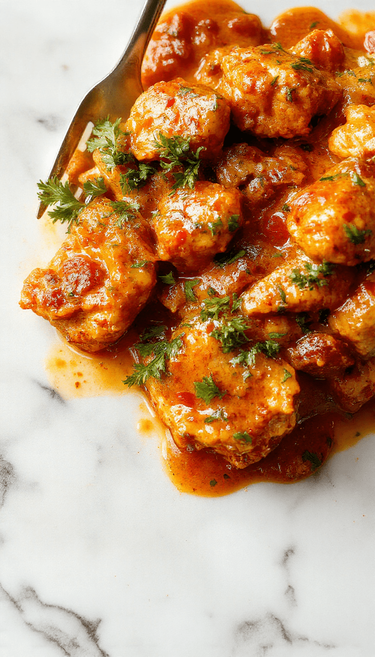 A vibrant plate of chicken tikka masala featuring tender chicken pieces coated in a rich, orange-red creamy tomato sauce, garnished with fresh cilantro, served alongside fluffy rice on a rustic wooden table with warm ambient lighting, emphasizing the hearty textures and colorful presentation.