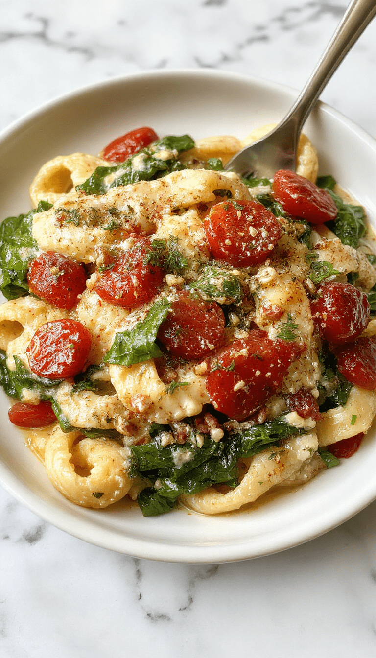 A vibrant plate of creamy spinach and ripe tomato pasta topped with freshly grated cheese, served on a white ceramic dish, garnished with basil leaves, with a rustic wooden background and natural lighting highlighting the bright green spinach and red tomatoes.