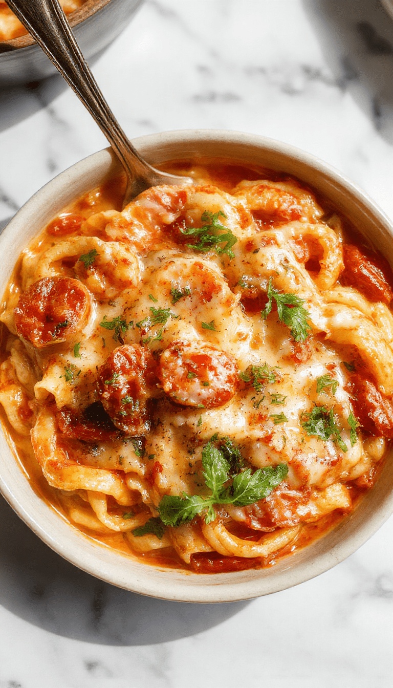 A vibrant plate of creamy tomato pasta garnished with fresh basil, served on a rustic white plate. The pasta is coated in a rich, smooth tomato sauce with hints of herbs, and the dish is styled with a sprinkle of grated cheese on top. The background features a wooden table, with a fork twirling some pasta. Bright lighting emphasizes the glossy sauce and colorful ingredients.