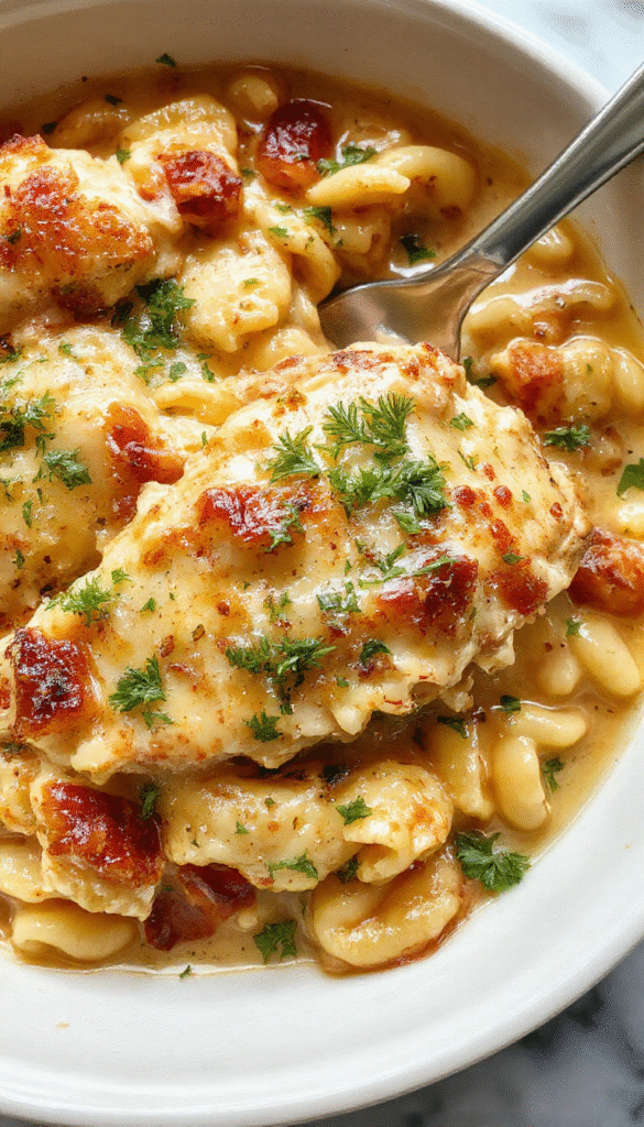 A vibrant, plated casserole featuring creamy Tuscan chicken baked with tender orzo pasta, garnished with fresh herbs and cherry tomatoes, highlighting rich textures and golden crust on top, styled on a rustic wooden table with colorful vegetables around.