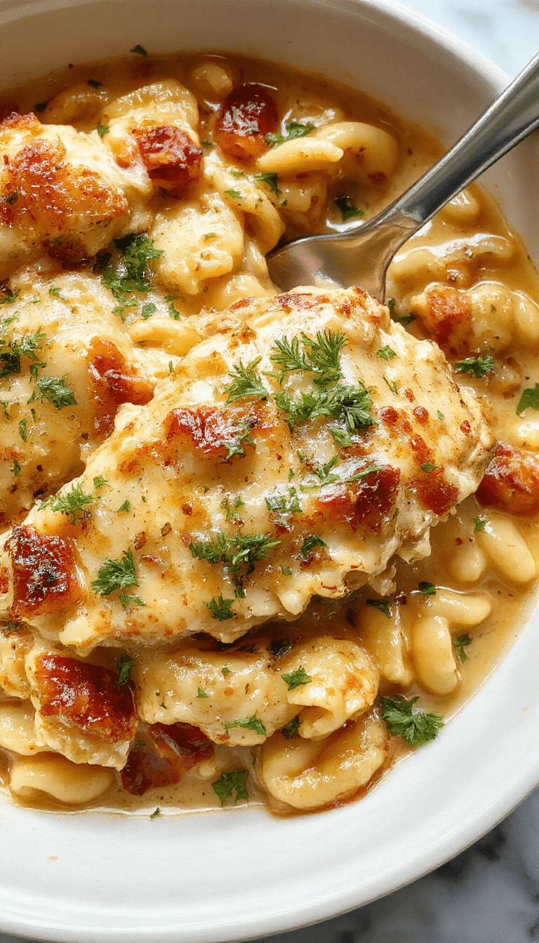 A vibrant, plated casserole featuring creamy Tuscan chicken baked with tender orzo pasta, garnished with fresh herbs and cherry tomatoes, highlighting rich textures and golden crust on top, styled on a rustic wooden table with colorful vegetables around.