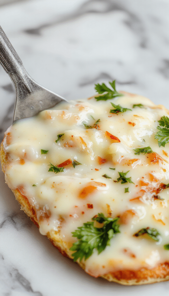 A close-up of a white garlic pizza sauce spread evenly on a homemade pizza crust, featuring a creamy texture topped with fresh minced garlic, chopped parsley, and a drizzle of olive oil, presented on a rustic wooden table with a sprinkle of herbs around.