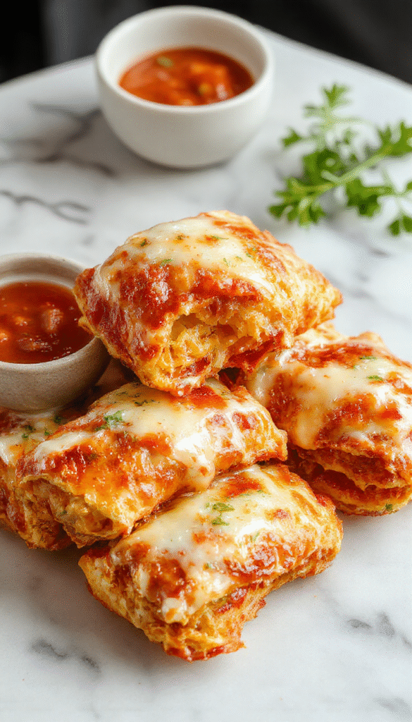 Golden brown crispy pizza rolls arranged on a white plate with a drizzle of marinara sauce on top. The rolls are flaky with bubbling cheese and visible toppings, garnished with fresh basil. The vibrant colors of the melted cheese, red sauce, and crispy golden exterior are captured vividly, styled with a modern minimalist background.