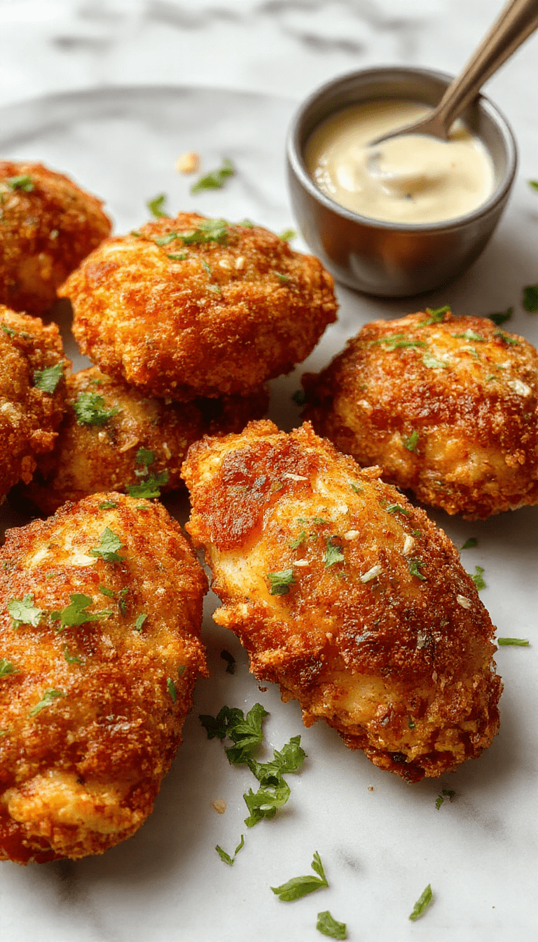 Golden-brown crispy baked chicken tenders arranged on a white plate, showcasing their crunchy texture with a side of fresh green herbs and dipping sauce, styled casually on a wooden table with a rustic background.