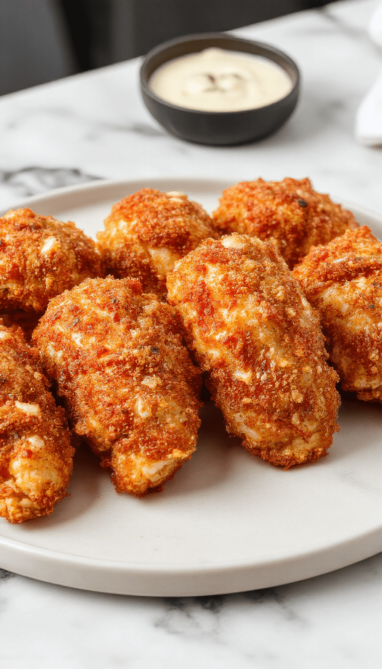 A close-up of golden-brown crispy baked chicken tenders arranged on a rustic wooden platter. The tenders have a crunchy breaded coating with a textured surface, garnished with fresh parsley. In the background, there is a small dish of creamy dipping sauce and a side of vibrant vegetable sticks. The lighting highlights their crispy texture and appealing color, creating an inviting and appetizing scene.